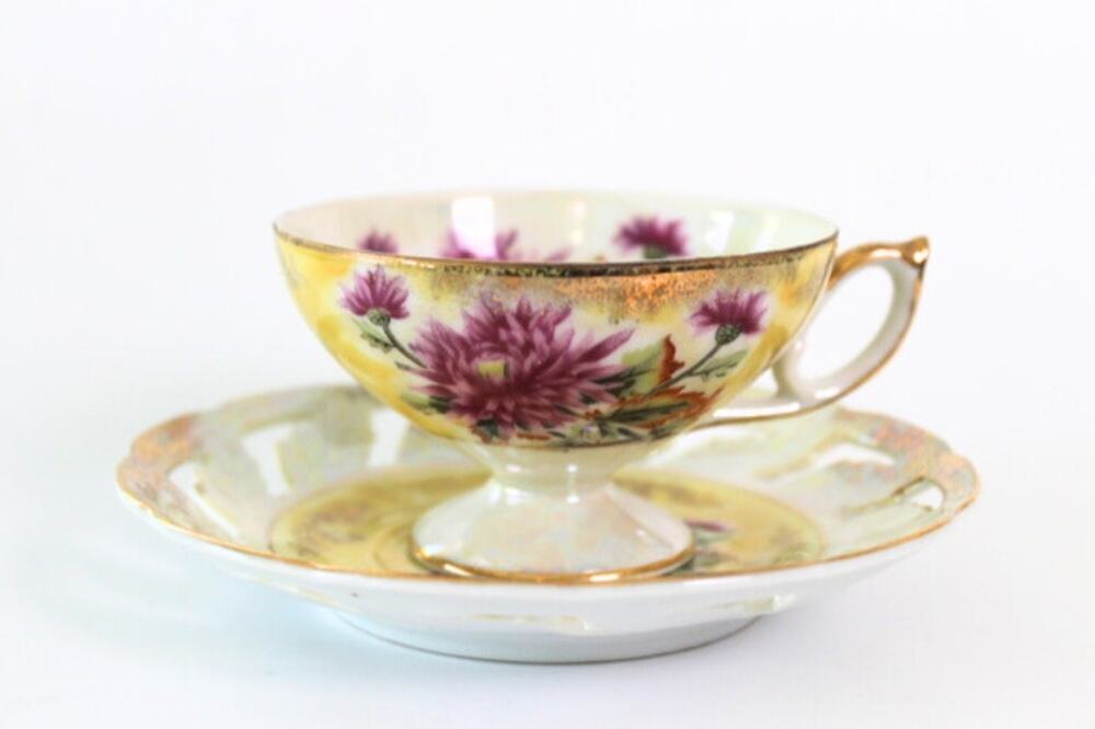 Antique Tea Cup and Saucer Japan Lusterware Yellow Pink Gold
